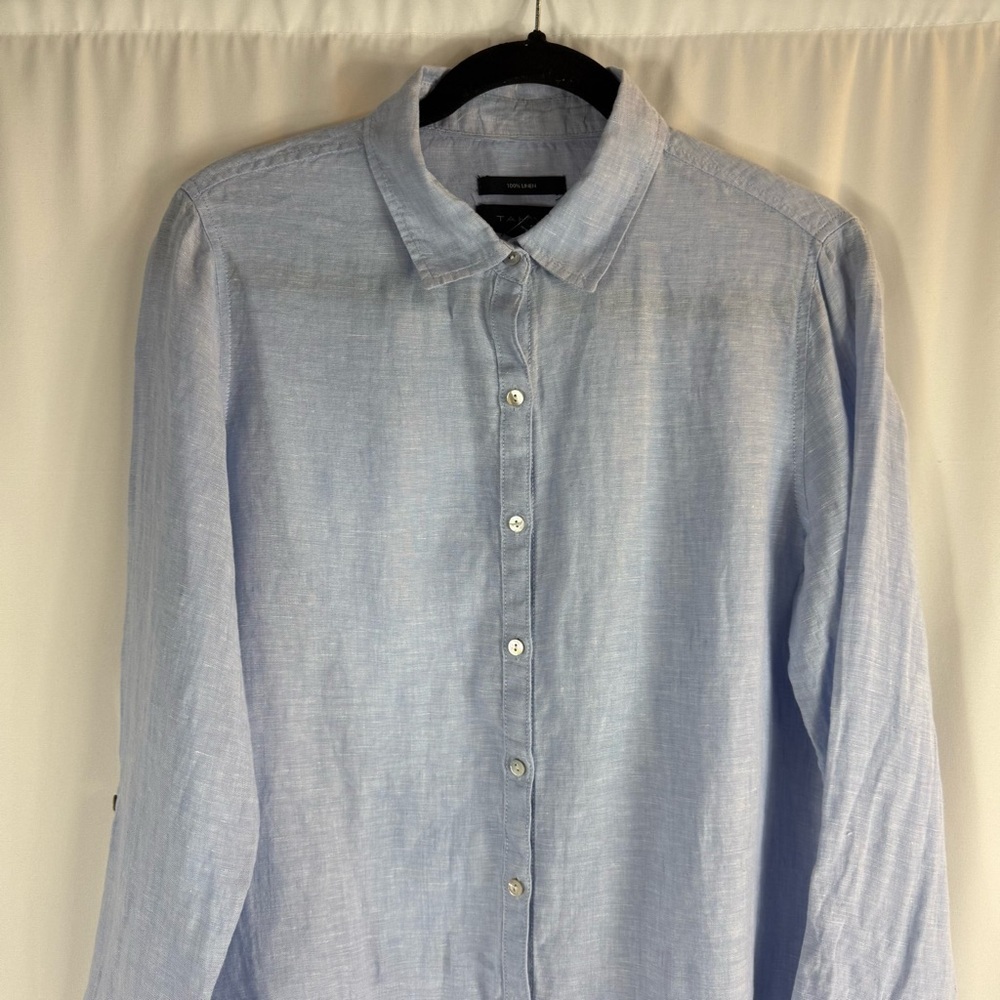 Tahari French blue 100% linen tunic shirt top split hem S Button -Up Top - Picture 4 of 14